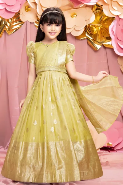 Lemon Yellow Zari, Zardozi, Sequins, Stone and Thread work Long Party Gown
